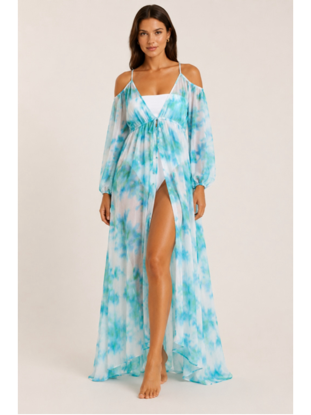 Ted Baker Meriann Maxi Cover Up Cold Shoulder Tie Dye Blue Green Ivory XL NWT